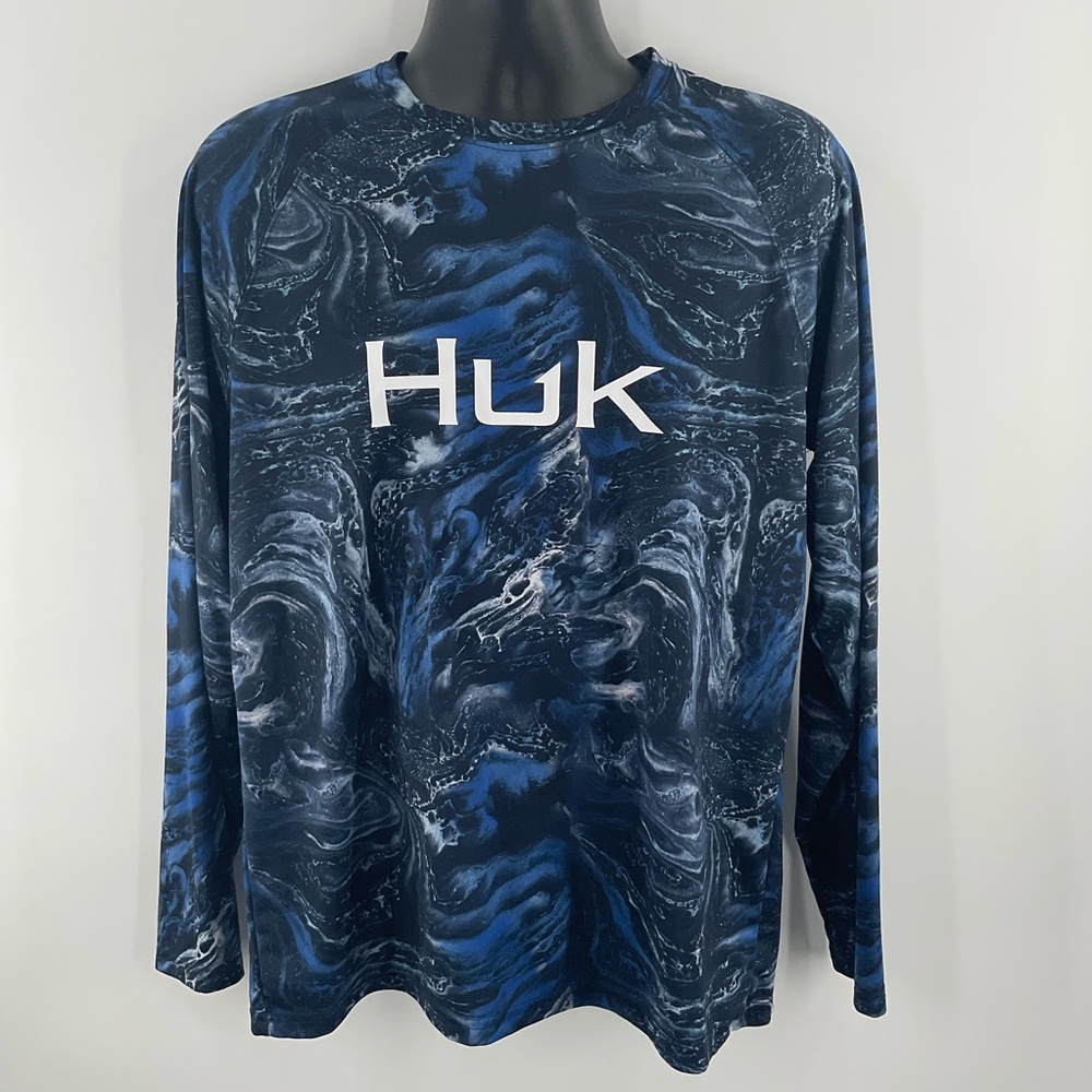 Huk Performance Fishing Shirt Mens M Blue Camo Long Sleeve UV Protection (H1)
